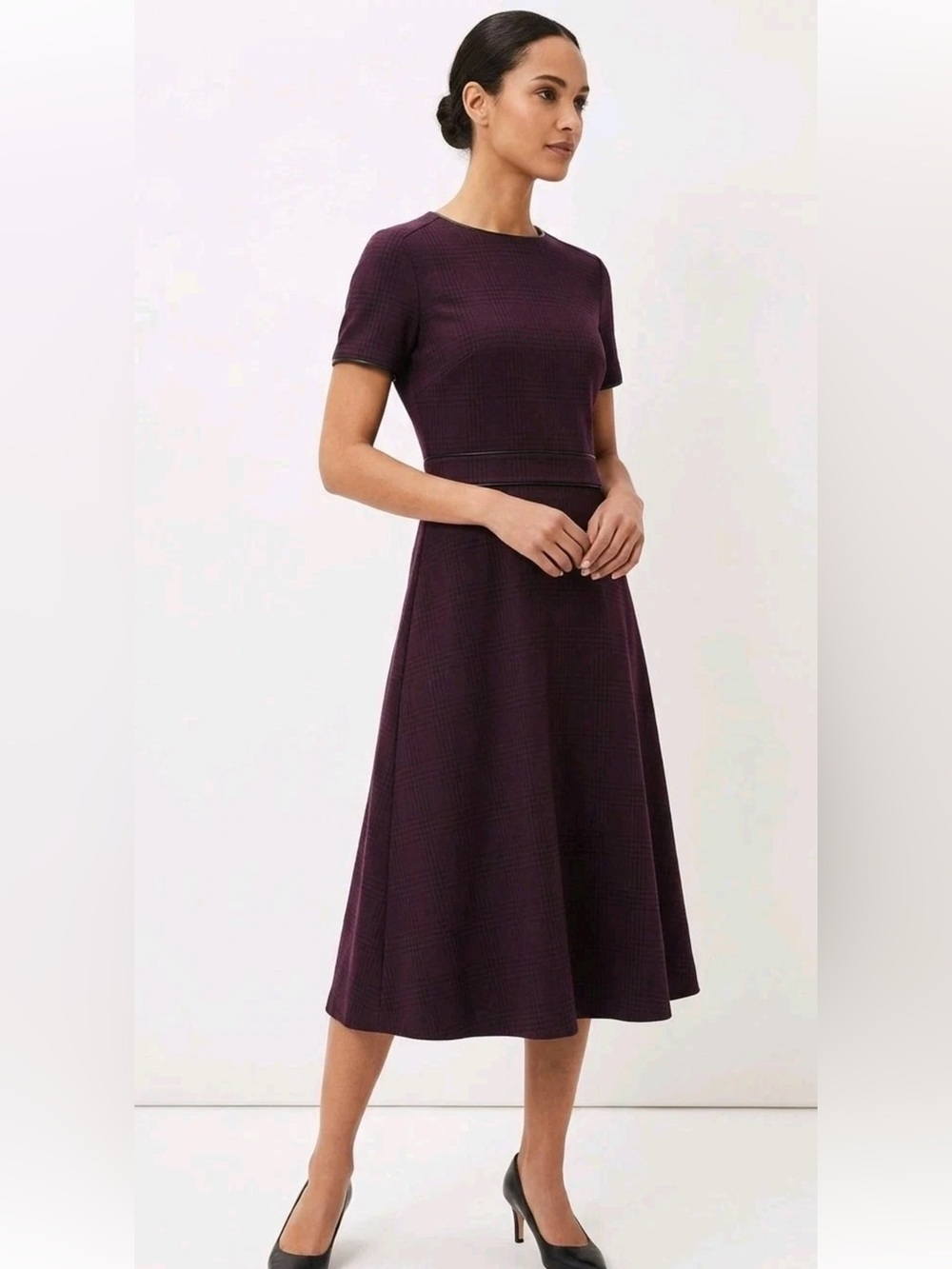 Ann Taylor Women's Short Sleeve A-Line Dress with faux leather detail - Burgundy
